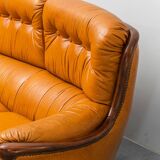 3-seater leather and wood sofa, 1950s vintage modernism