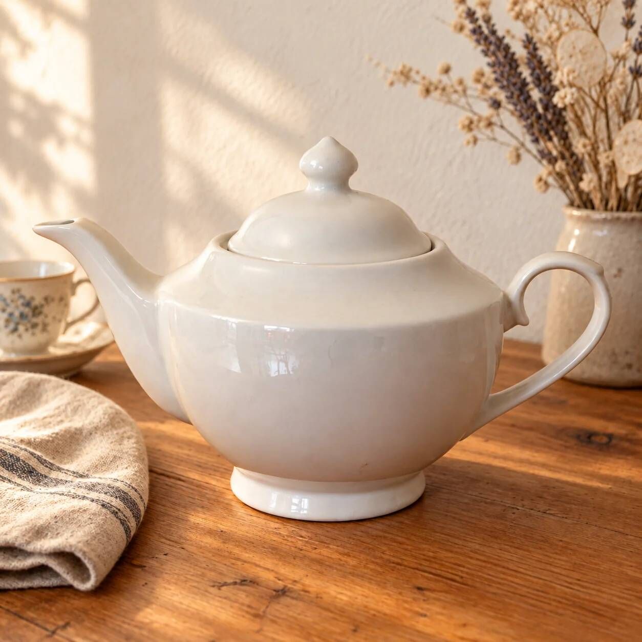 White ceramic teapot with glaze – Round shape and matching lid