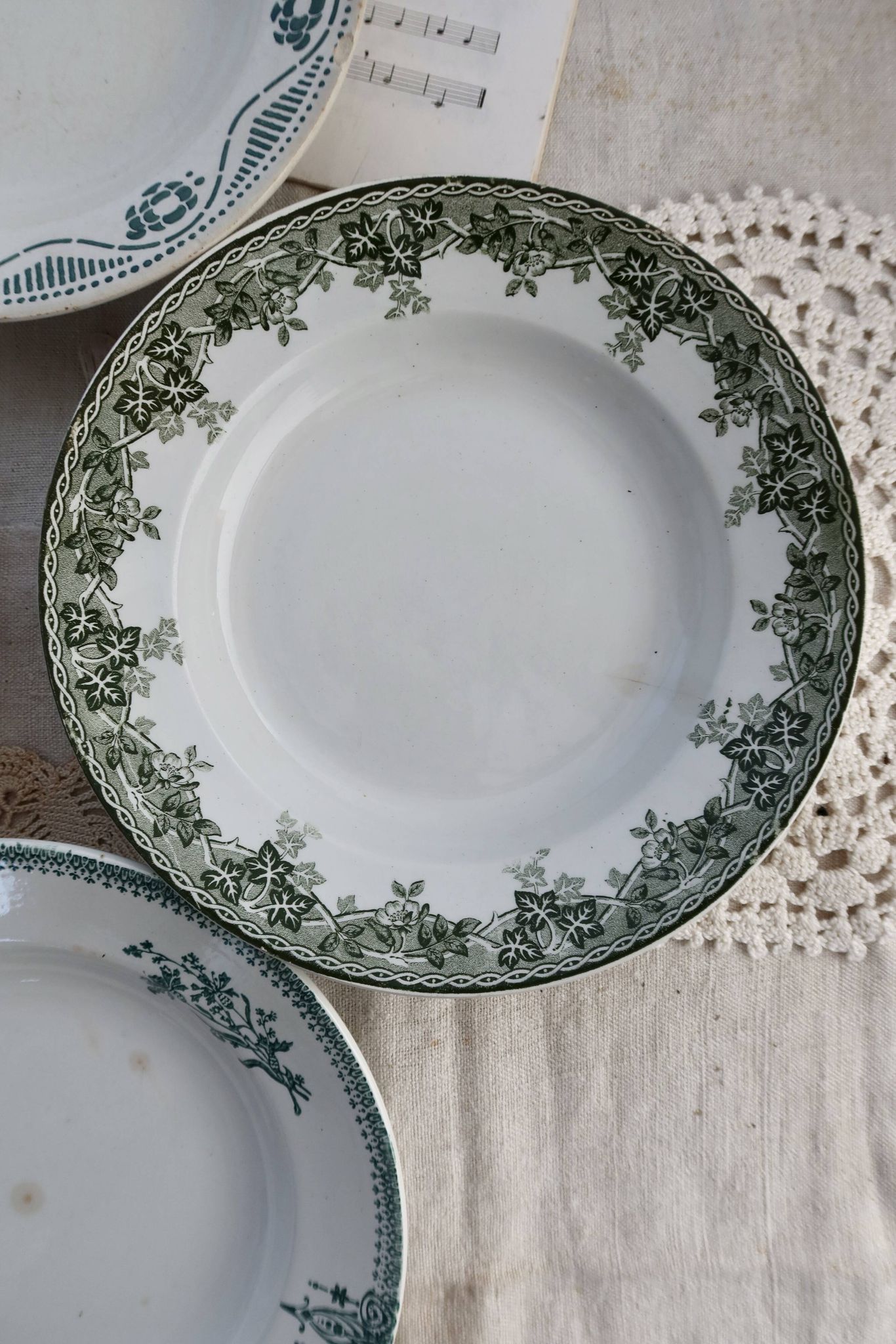 4 mismatched old green ironstone deep plates