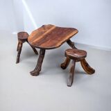 Vintage 1950s Brutalist Coffee Table and Two Stools