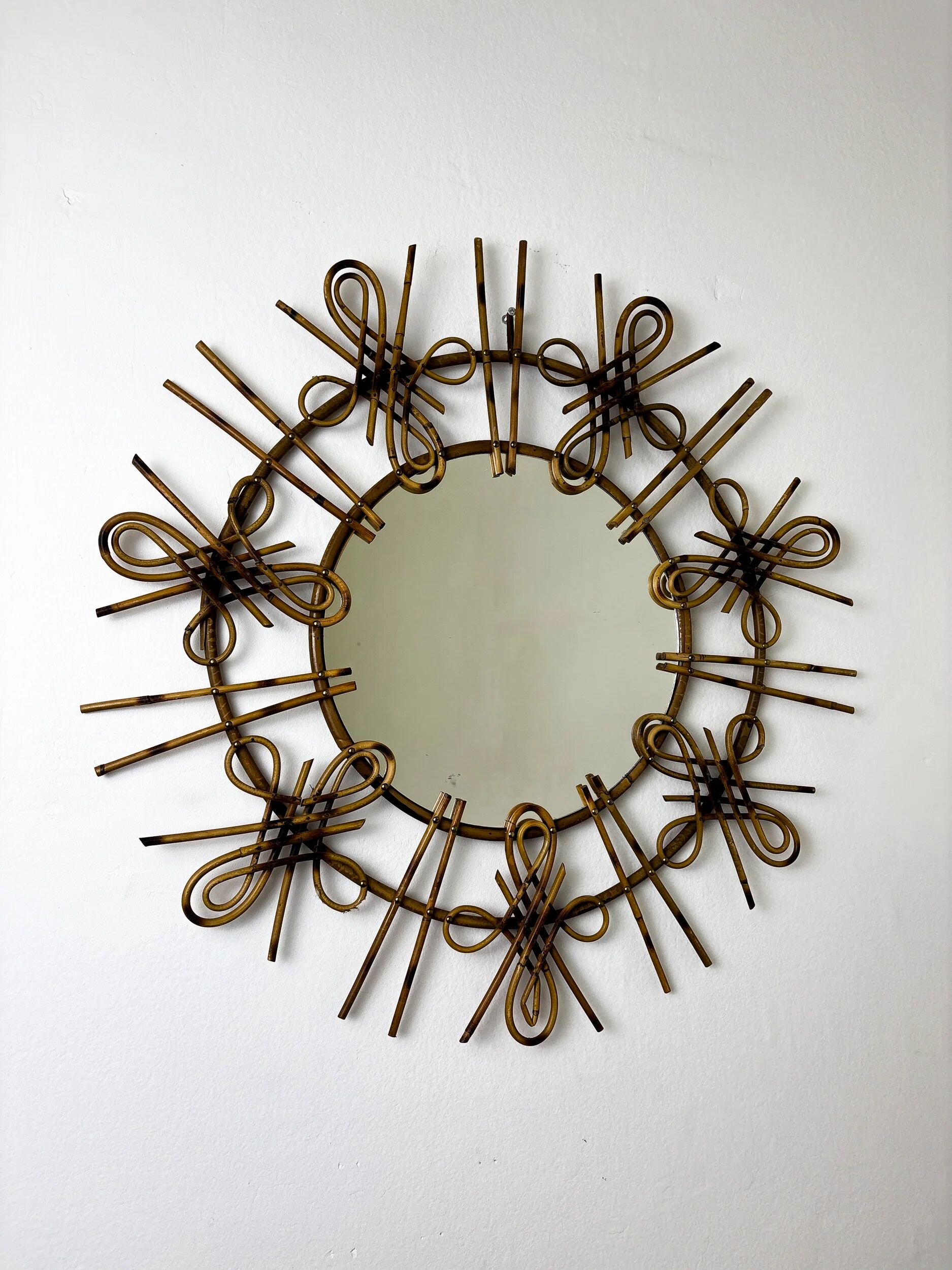 Rattan sunburst mirror with chinoiserie motif, Spain, 1950s