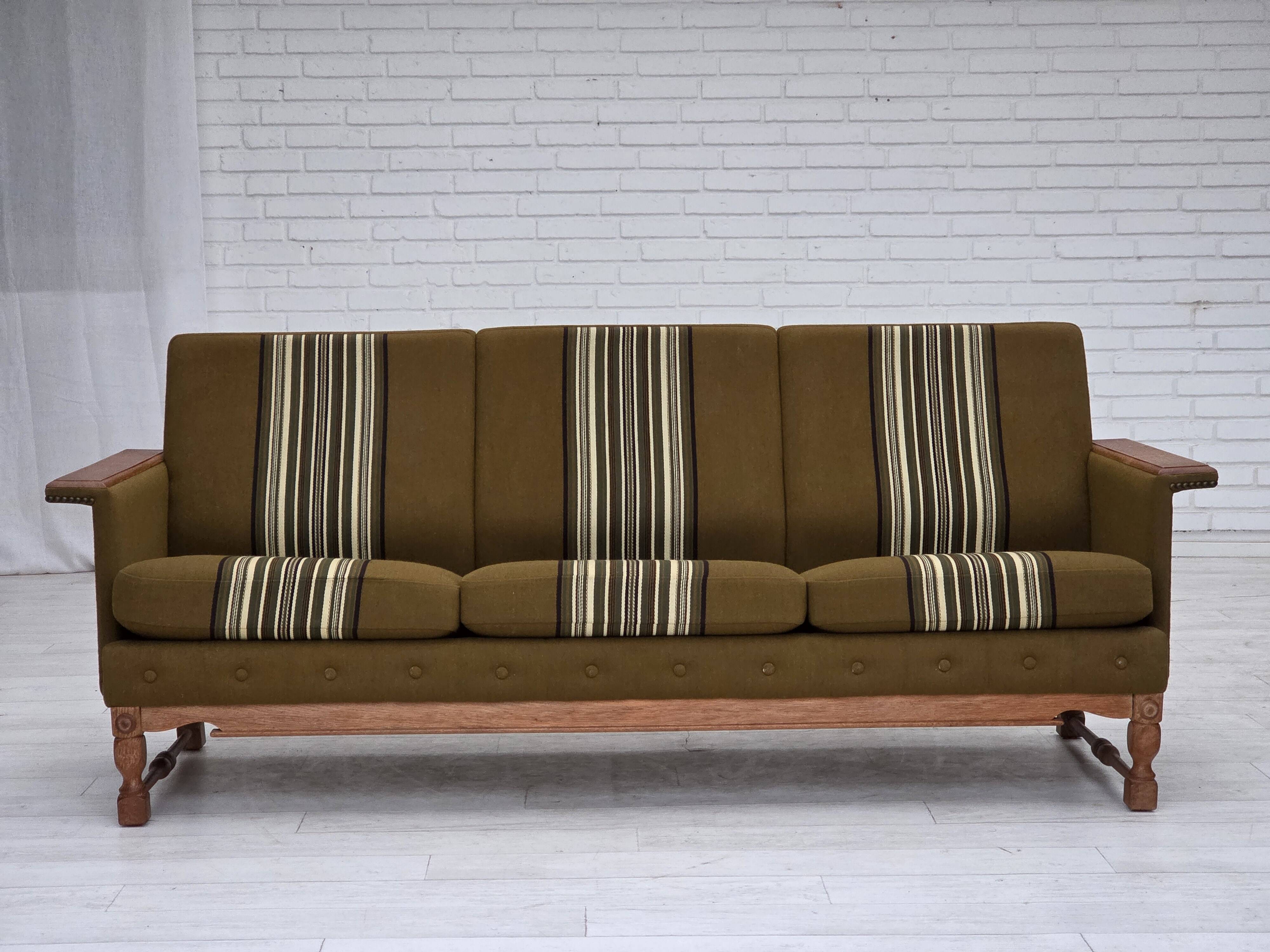1970s, Danish 3-seater sofa, furniture wool, solid oak wood.