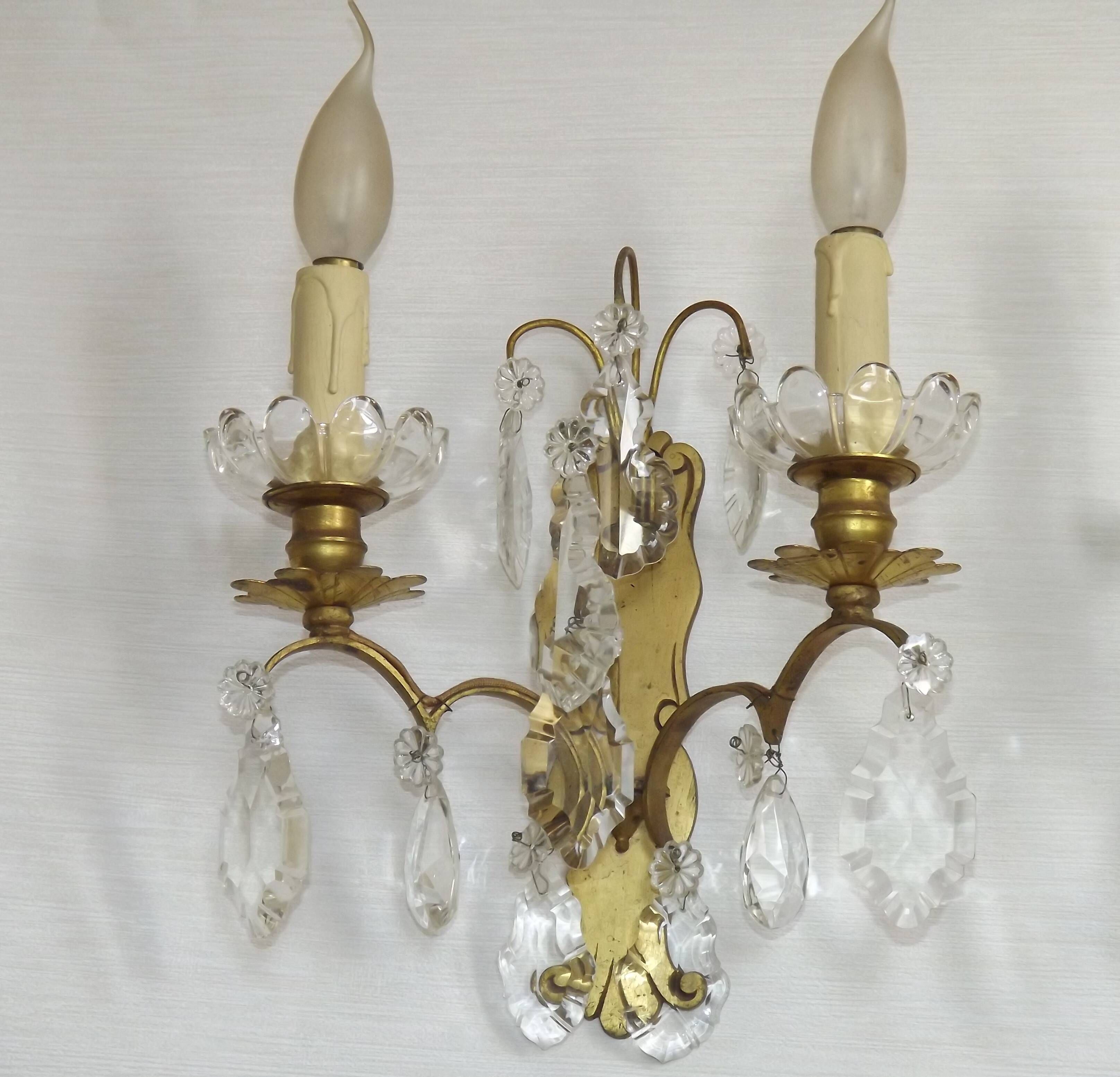 Pair of French Double Brass & Glass Wall Lights Adorned With Crystals