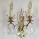 Pair of French Double Brass & Glass Wall Lights Adorned With Crystals