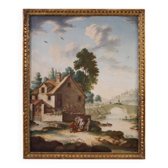 Great 18th century Italian painting, countryside landscape with genre scene