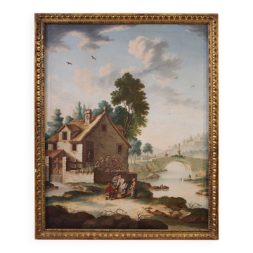 Great 18th century Italian painting, countryside landscape with genre scene