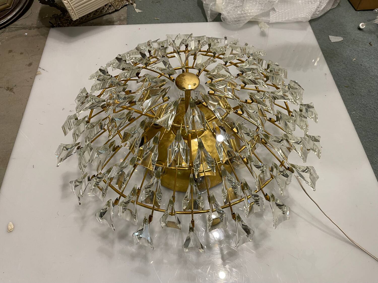 Large Brass Crystal Flushmount by Stilkronen Italy 1970’s