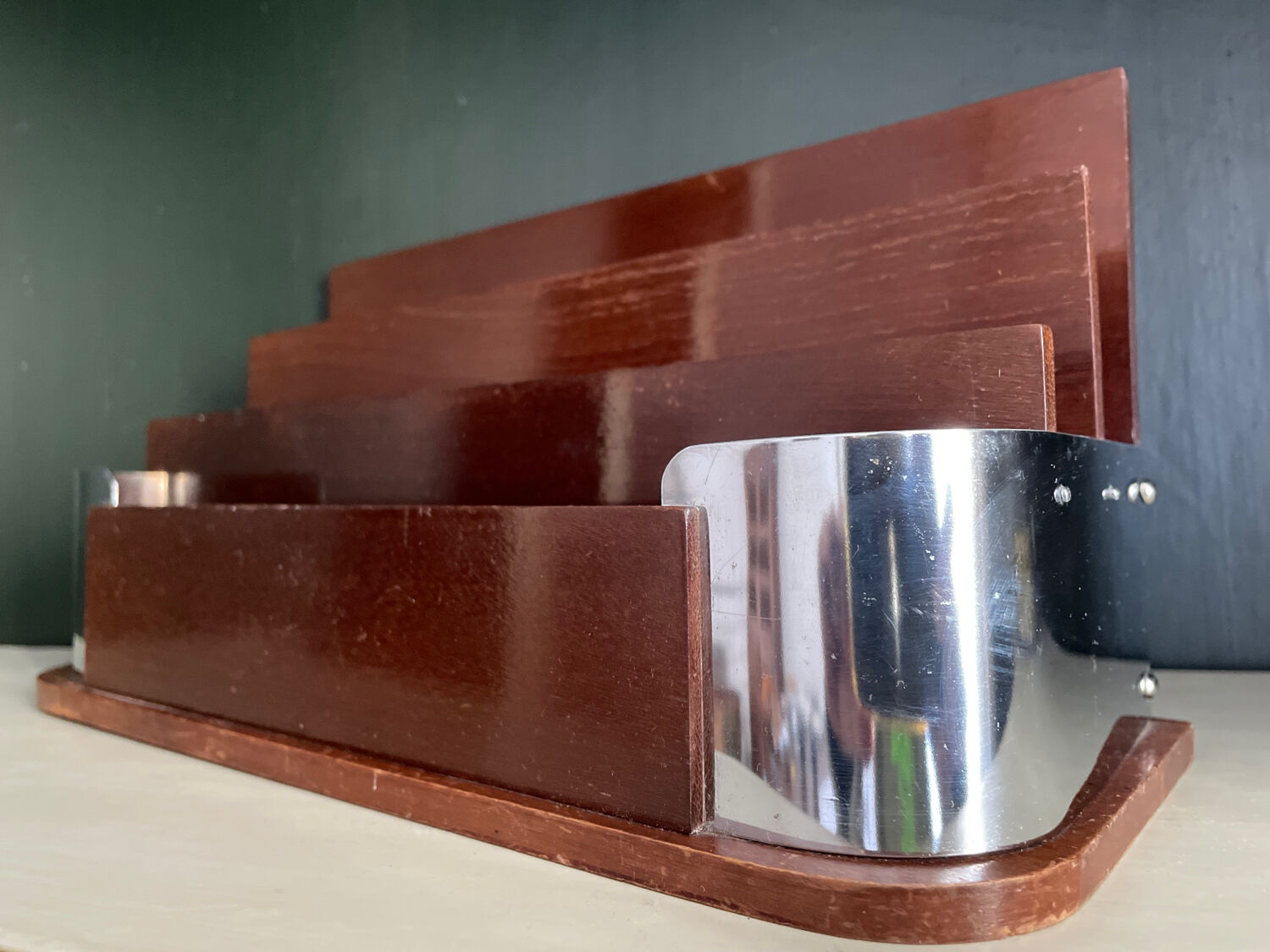 Art deco mail rack mahogany and chrome