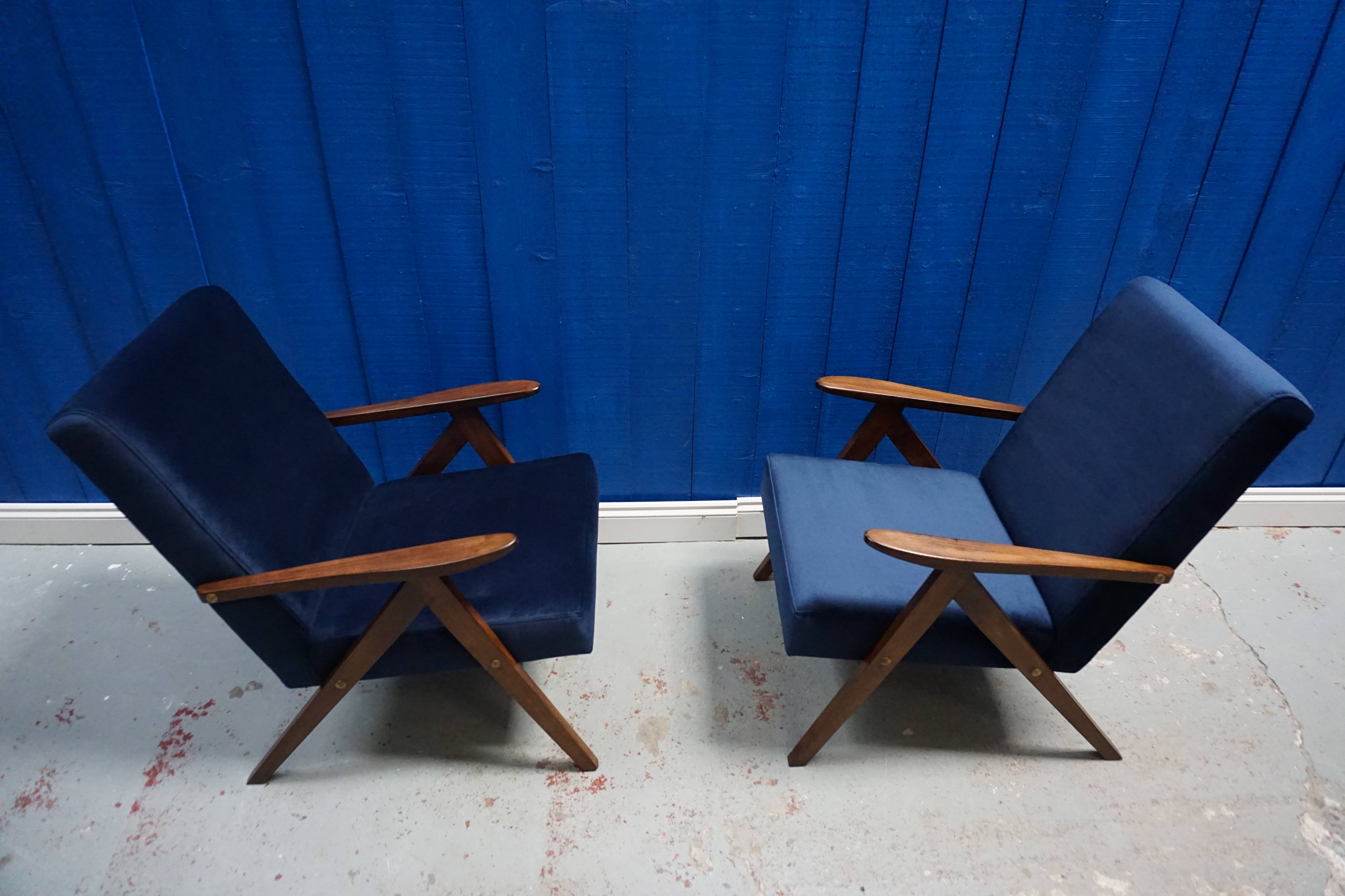 Mid century modern easy chairs from 1960's in navy blue velvet, set of 2