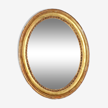 Miroir ovale cadre bois sculpté perlé doré vers 1800 44x35cm SB