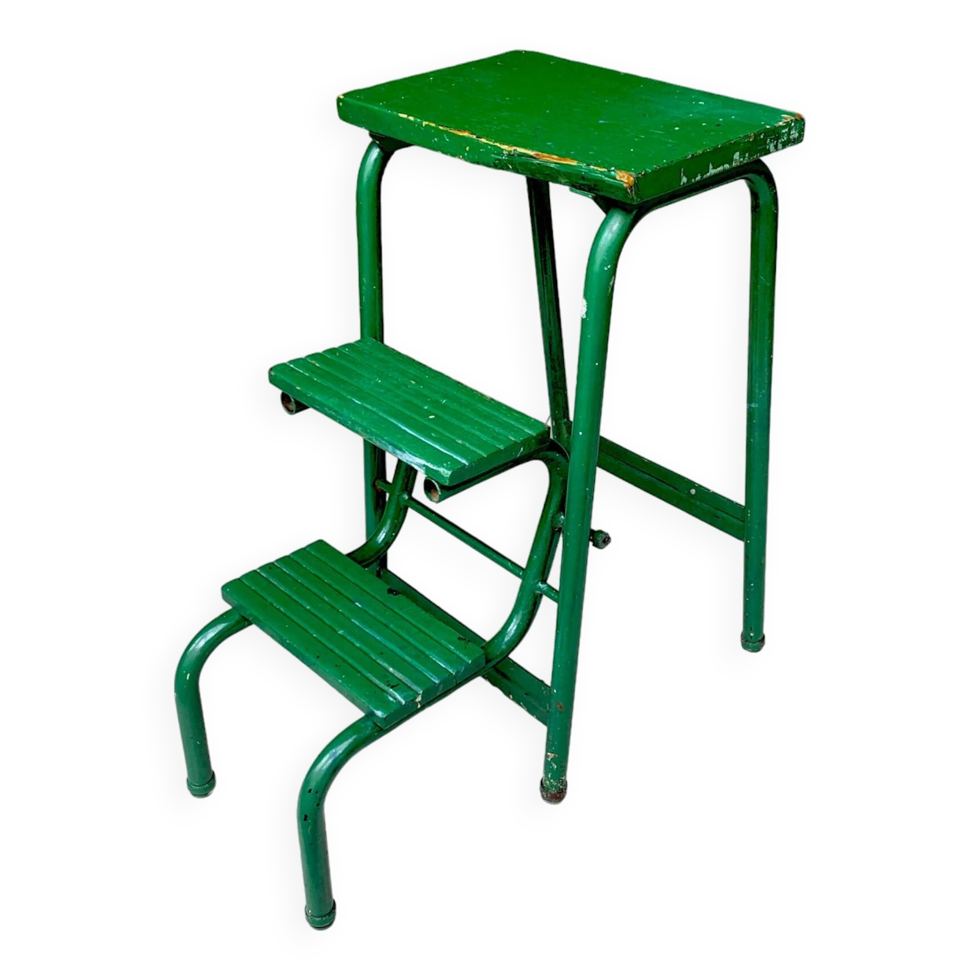 Vintage stepladder in green painted wood and steel