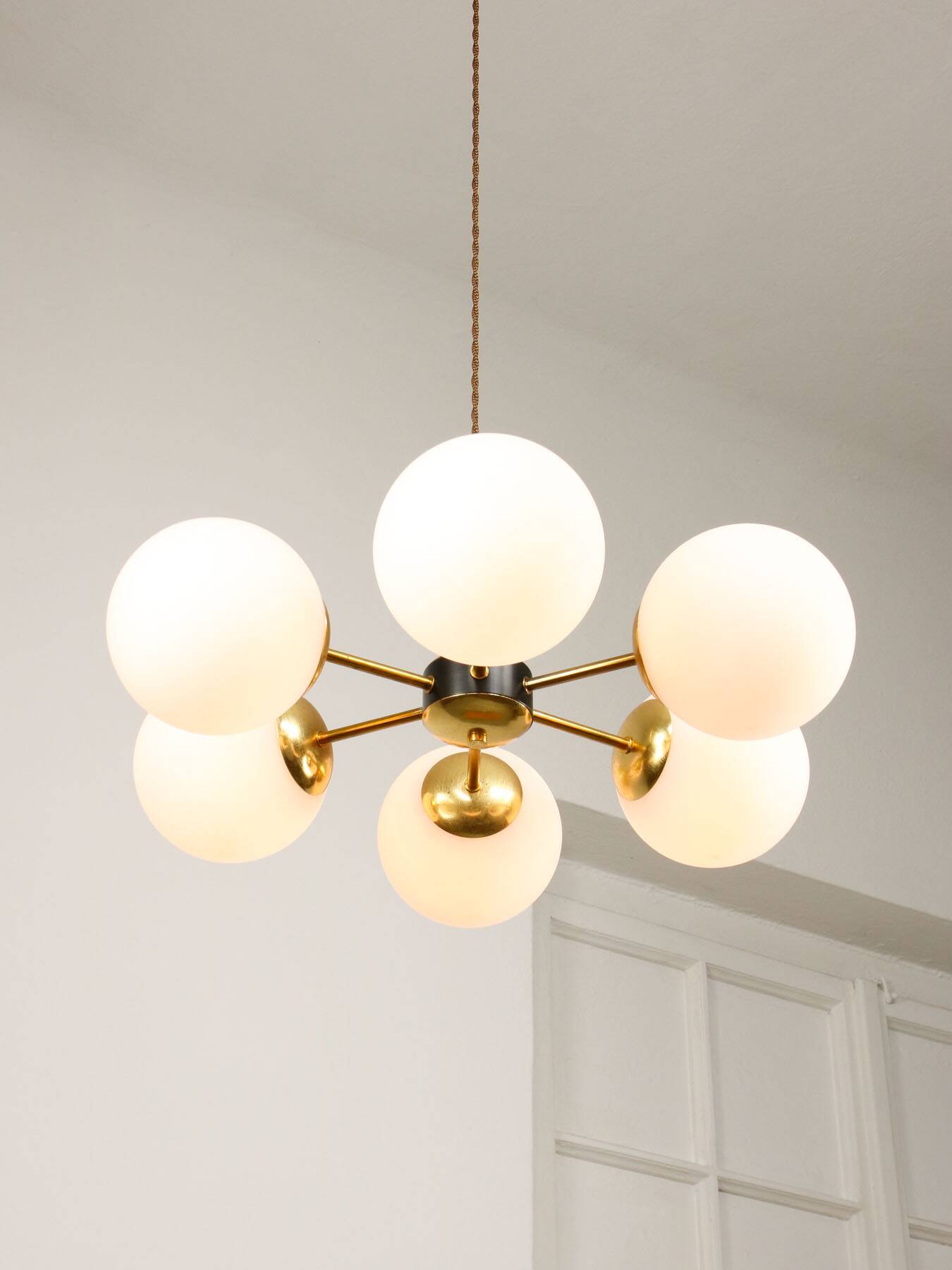 Mid-Century Modern Italian 6-Arm Sputnik Chandelier with Opaline Shades, 19