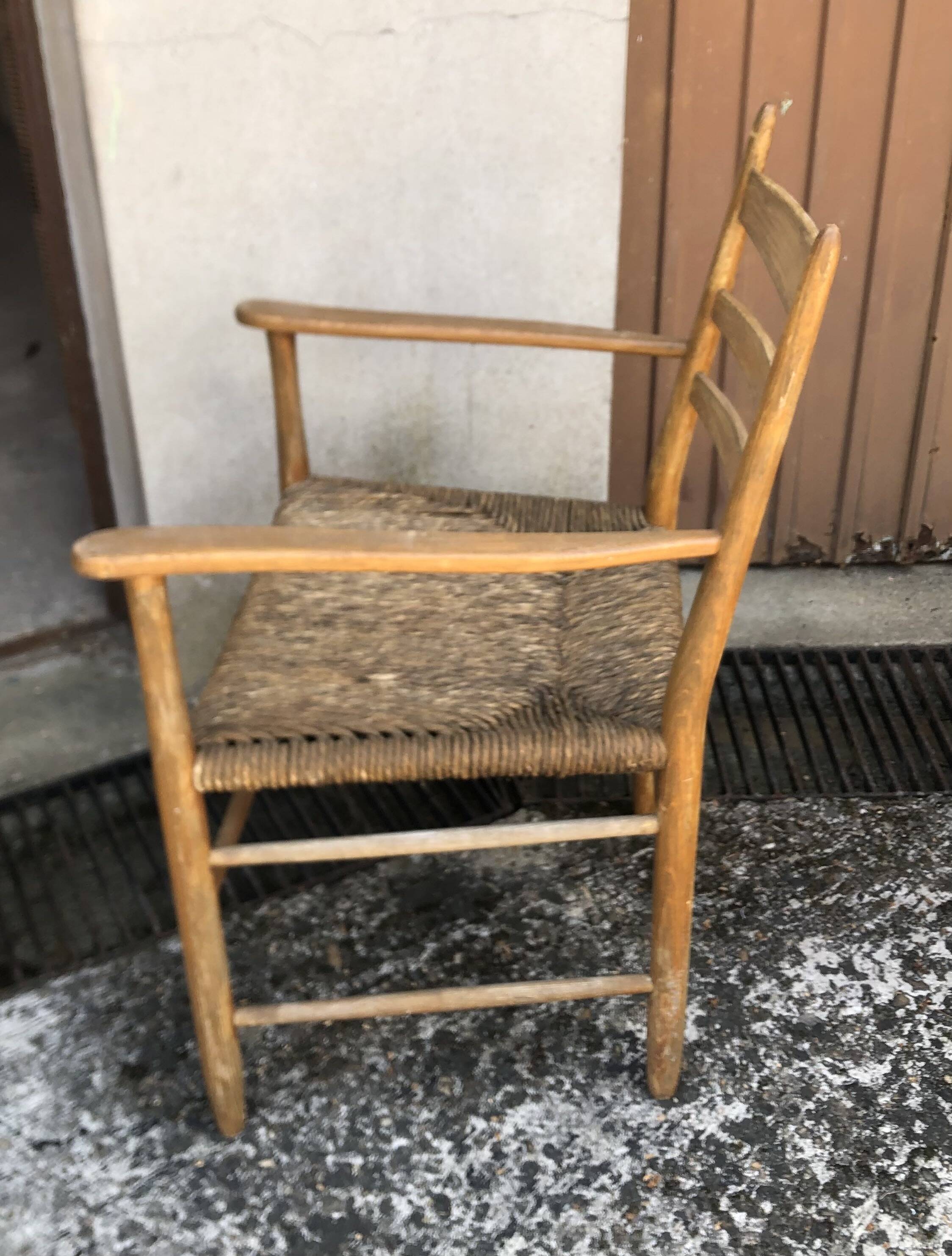 Fauteuils bois clair corde paille vintage Années 60