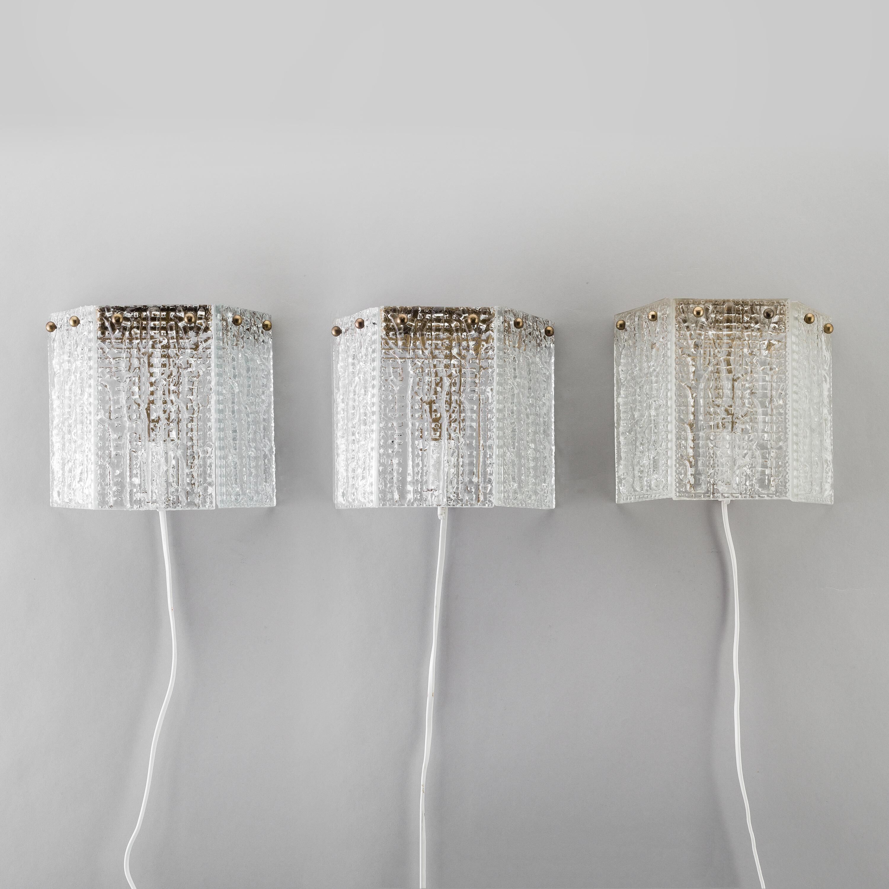 Orrefors Wall Sconces / Wall Lanterns Glass and Brass. Sweden 1960.