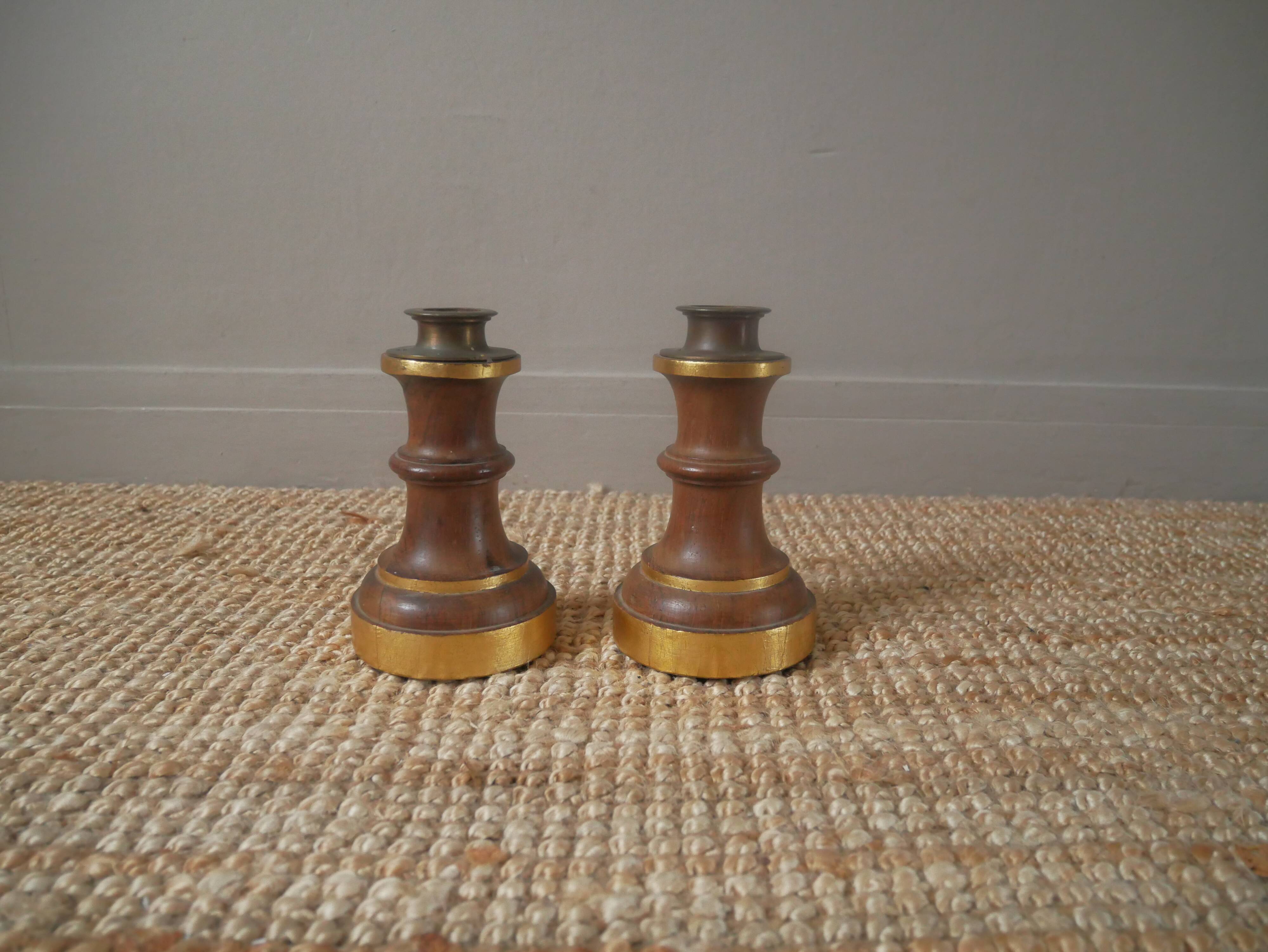 Pair of candlesticks candlesticks wood metal golden brass country decoration handcrafted