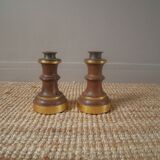 Pair of candlesticks candlesticks wood metal golden brass country decoration handcrafted