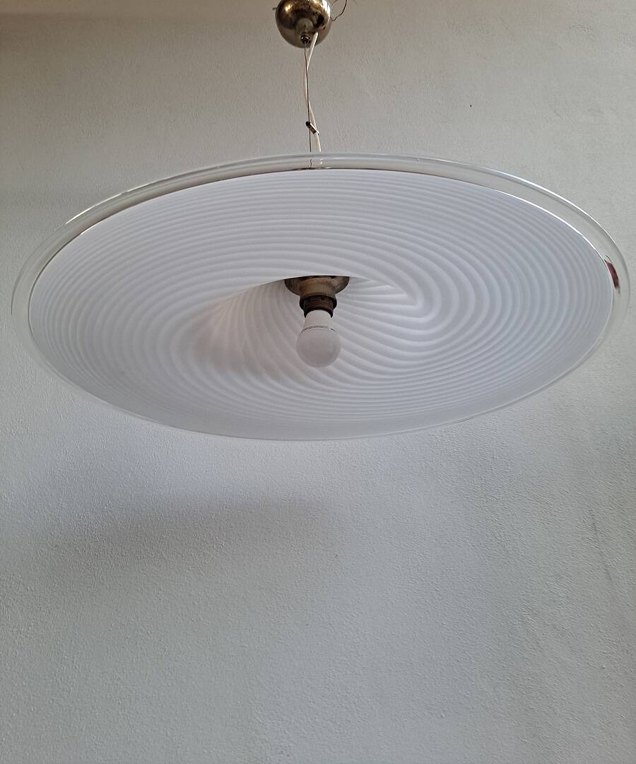 Vintage very large murano white swirl ceiling light clear rim