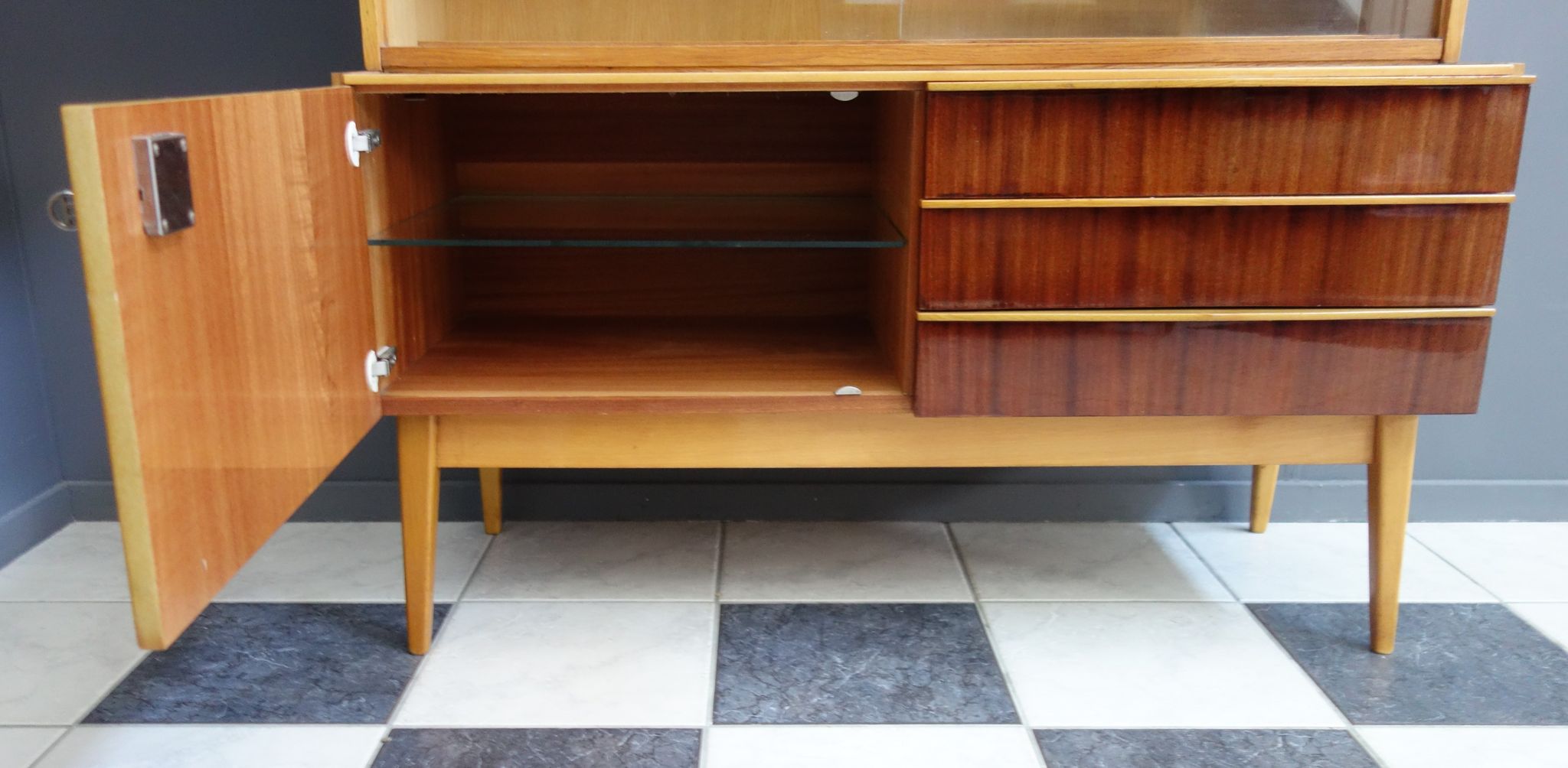 Highboard in two-tone wood with showcase part 1960s by Jitona Czech republic