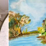 Oil painting on canvas river and pontoon signed