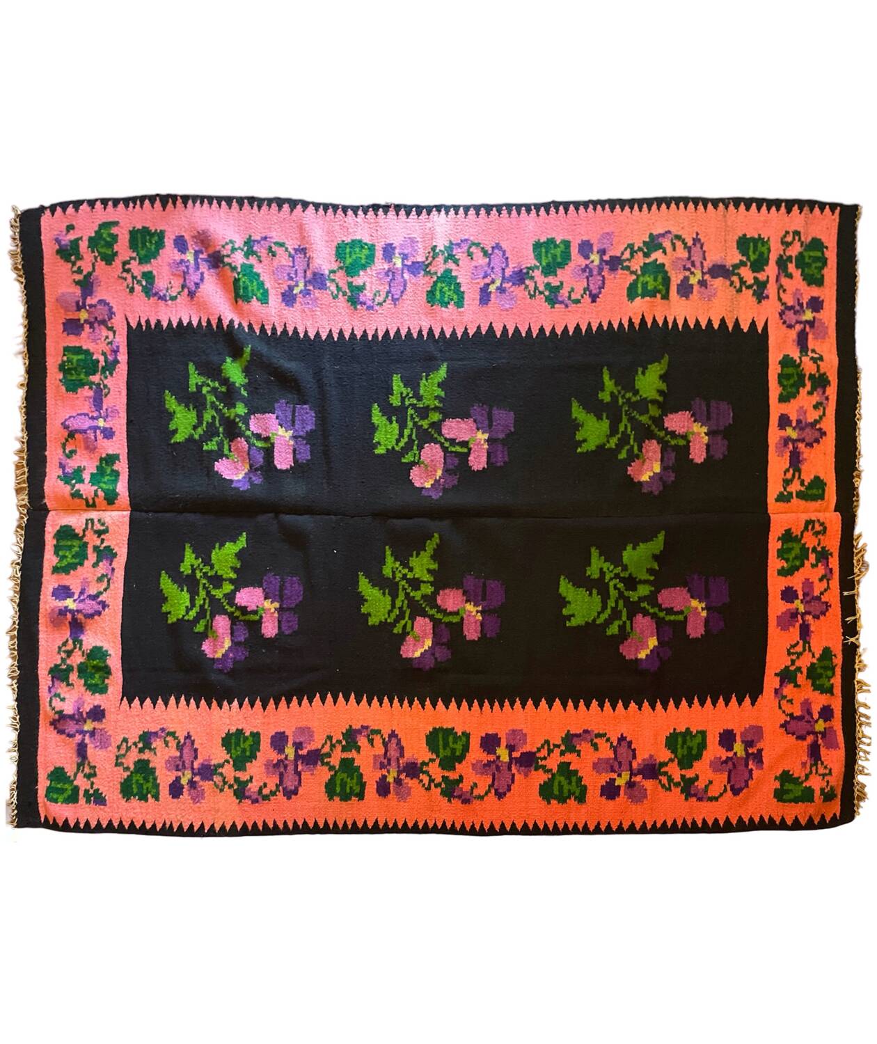 Oltenian floral rug handwoven in wool, purple flowers on black and pink background