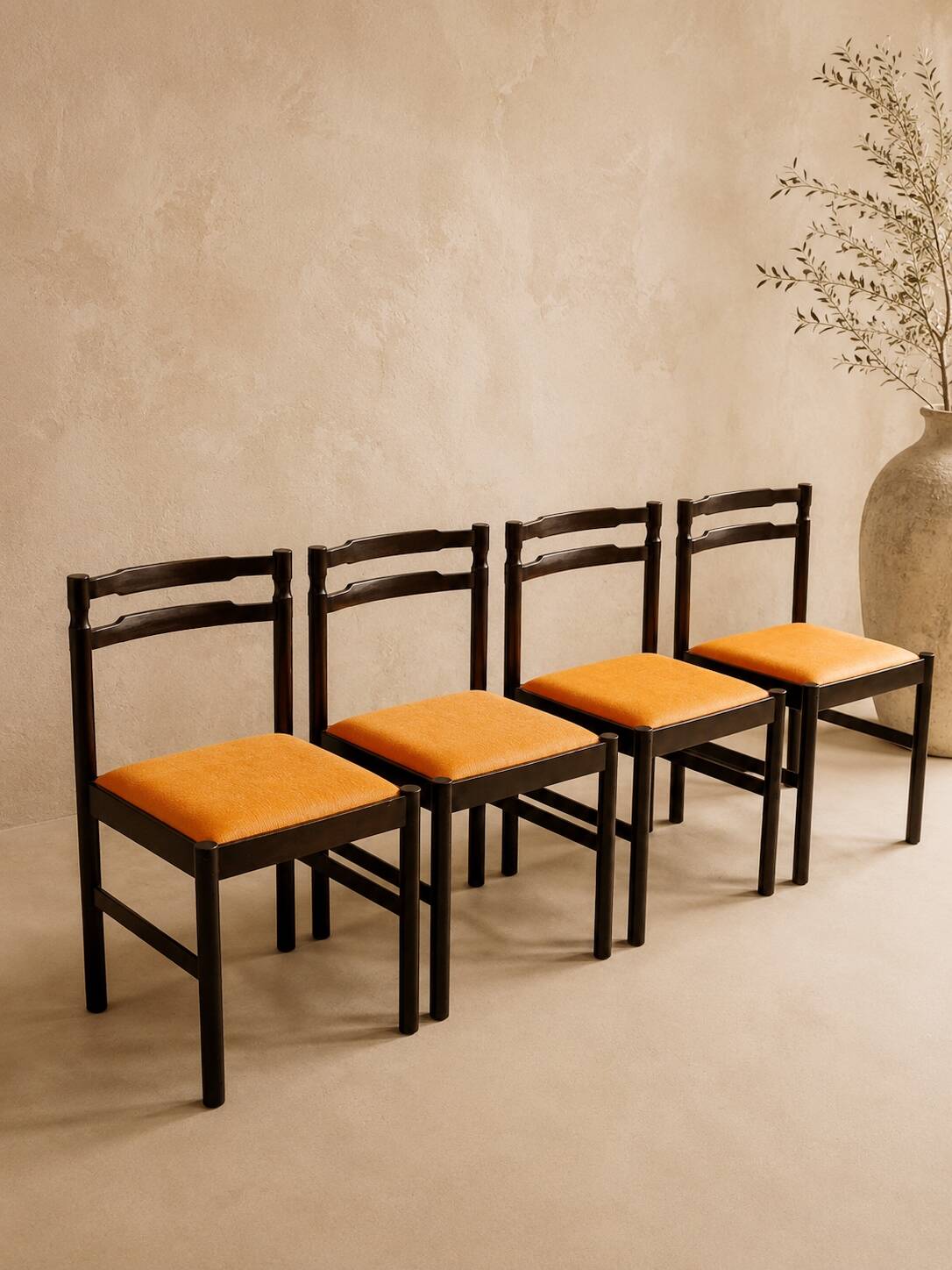 Set of 4 Mid-century beech / faux leather chairs.