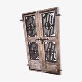 Chiseled teak door with openwork wrought iron panels
