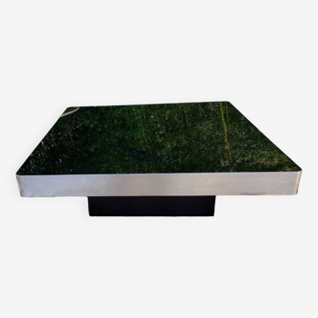 Table basse carre verre noir cadre aluminium brossé