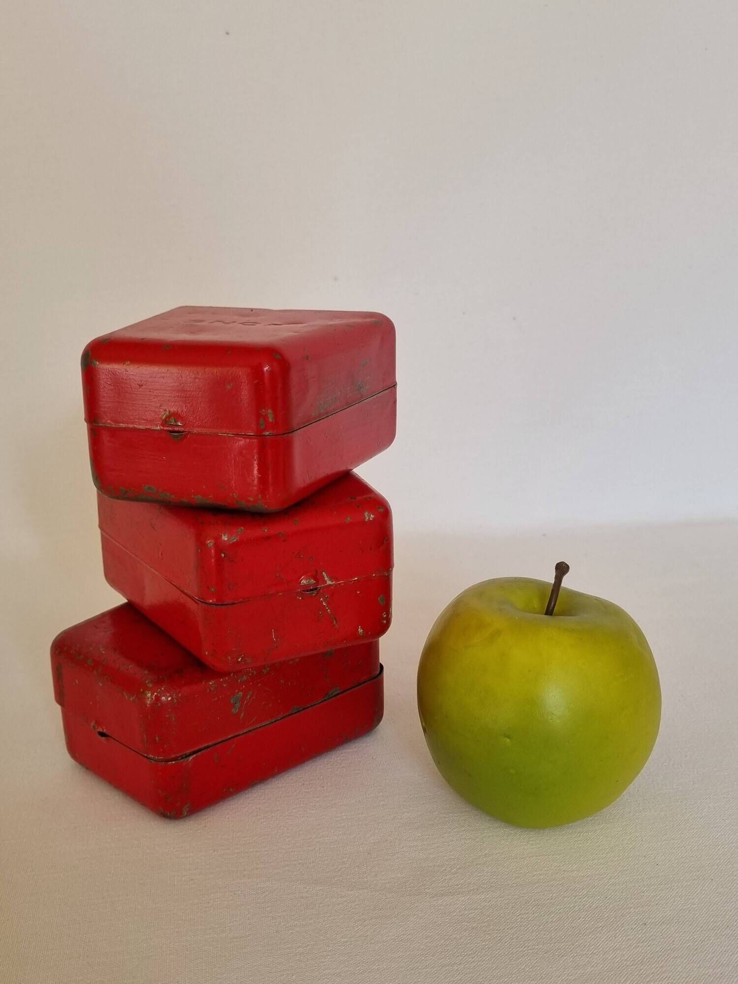 Set of three red painted metal railway boxes with SNCF logo