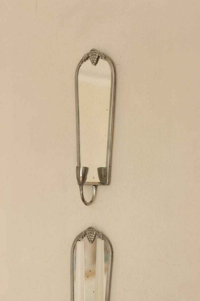 Pair of Mid Century Swedish Pewter Sconces with Mirror