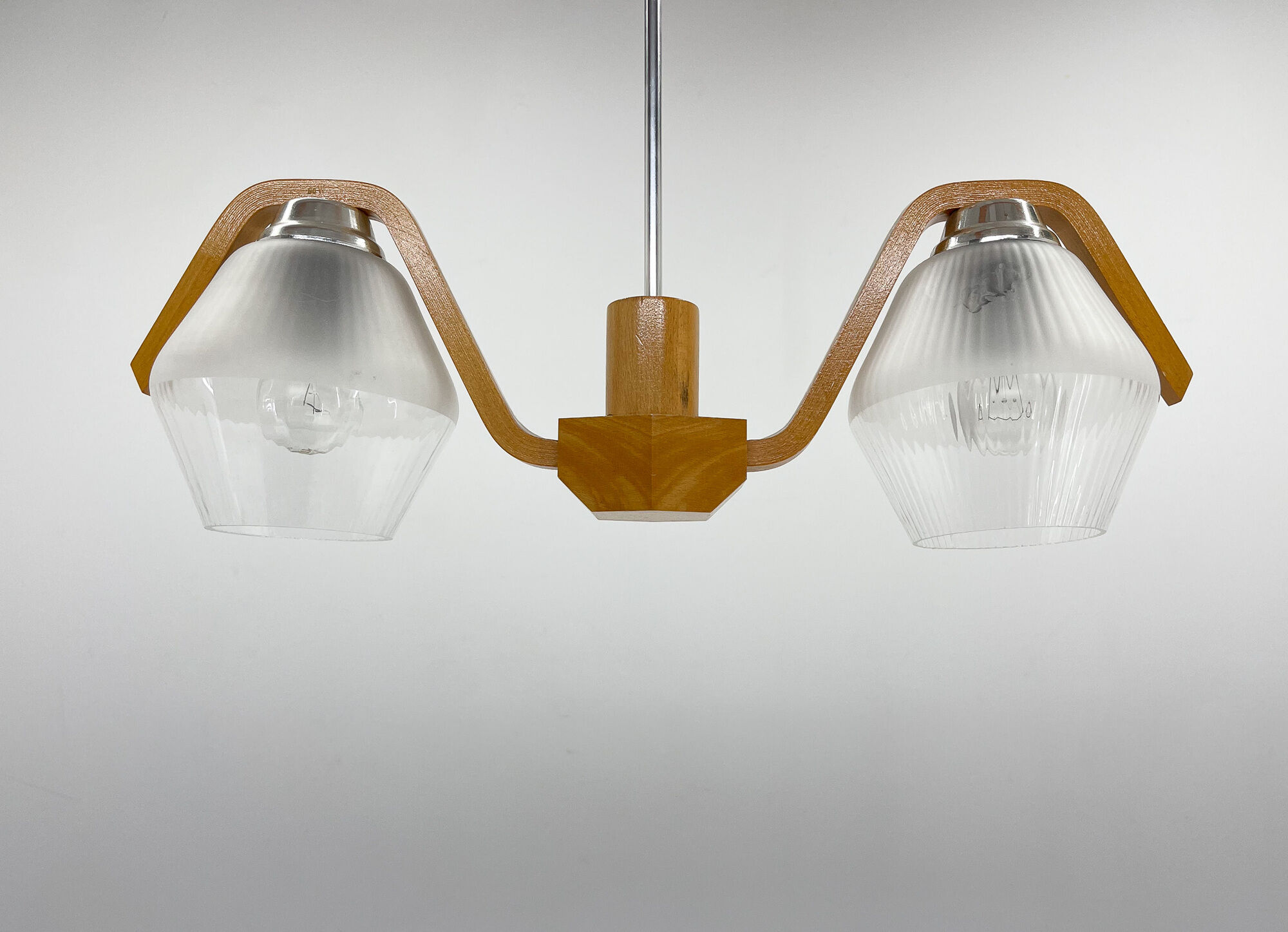 Mid-century Wood & Glass Chandelier by Dřevo Humpolec, 1960's