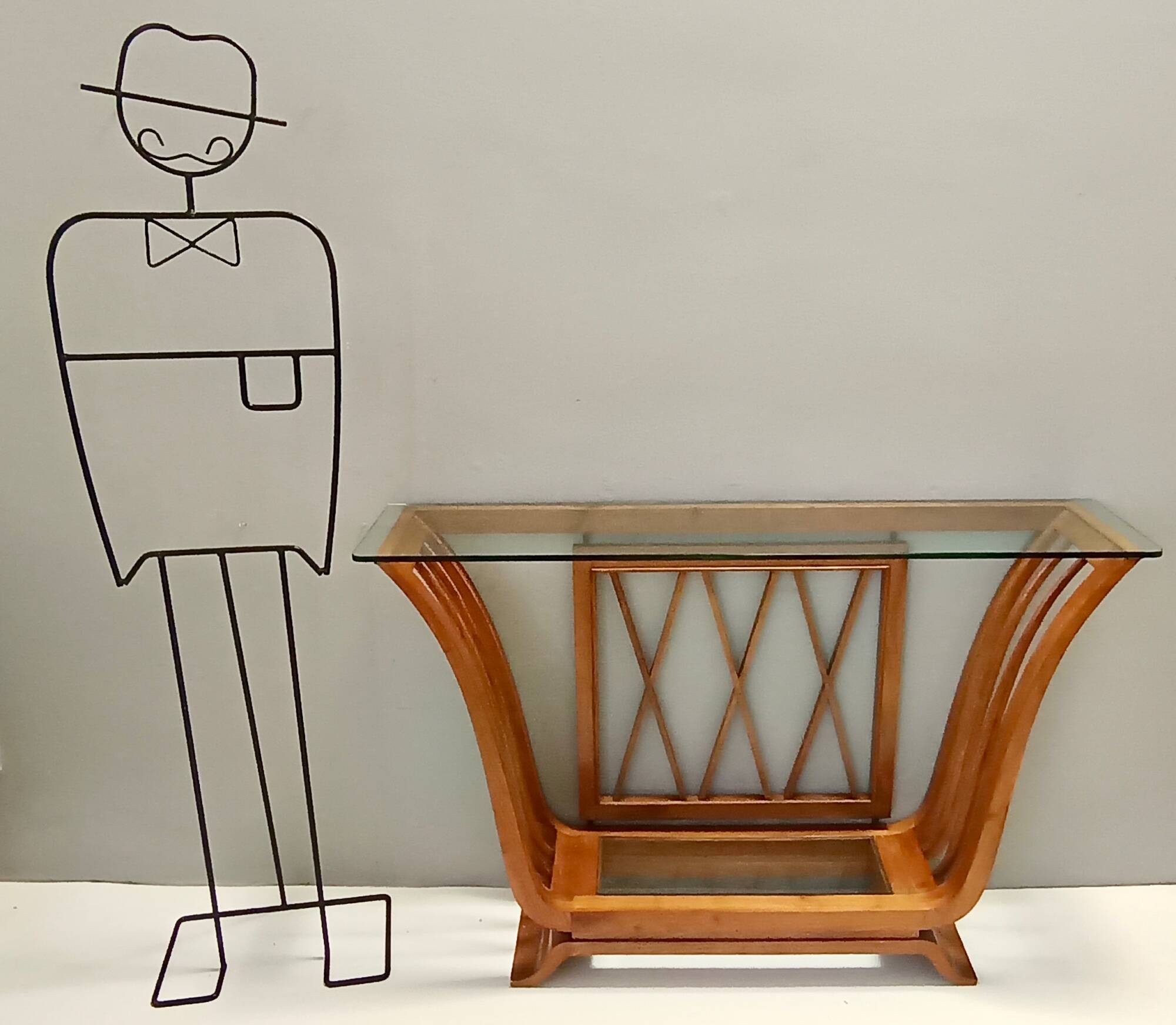 Art Deco Cherrywood Console Table with a Rectangular Glass Top, Italy