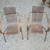 Pair of perforated metal armchairs by René Malaval 1950