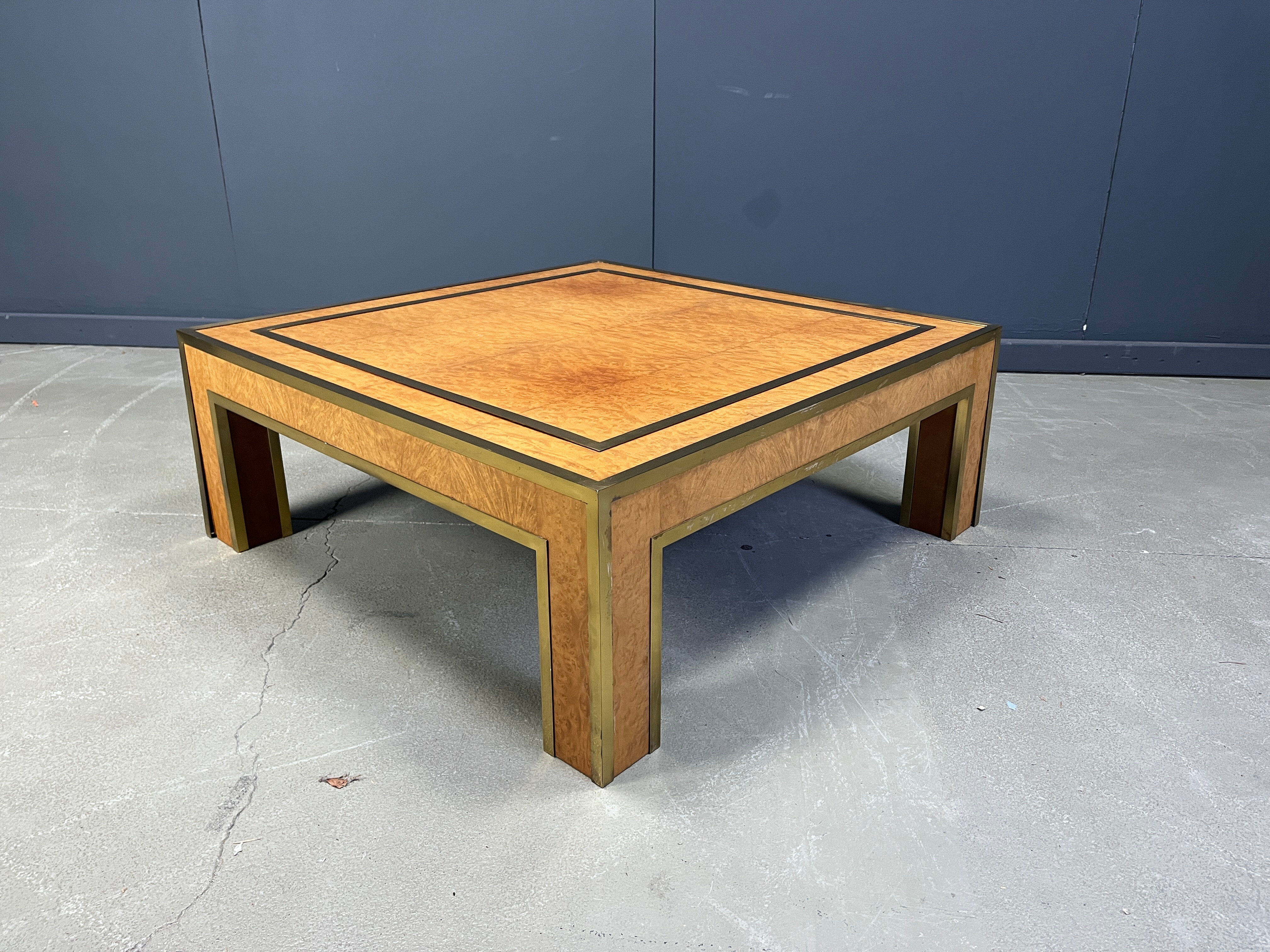 Brass and burl wood coffee table by Jean Claude Mahey, 1970s