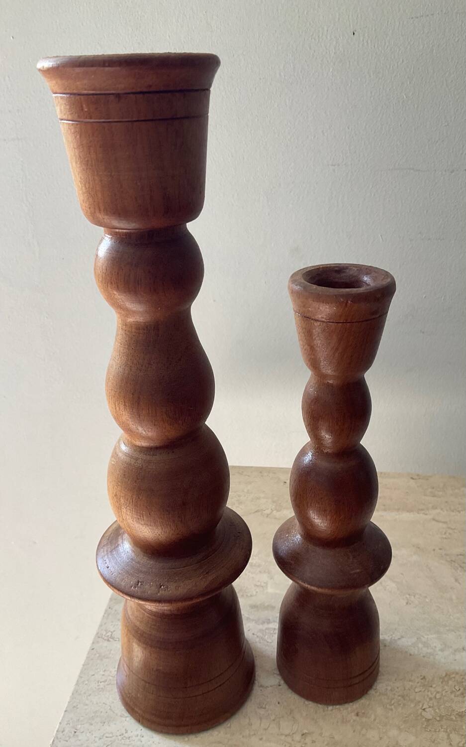 Duo of vintage candlesticks in turned wood