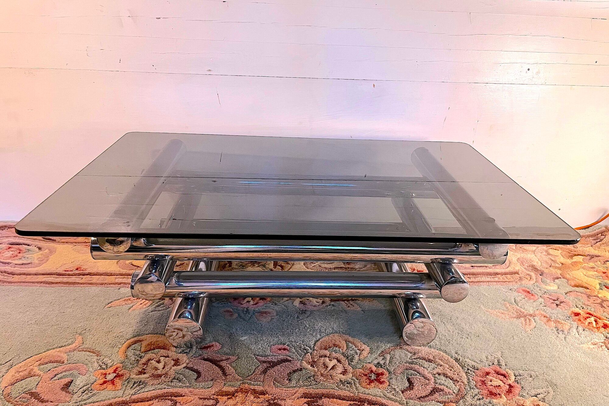 Mid-twentieth century chrome and smoked glass coffee table