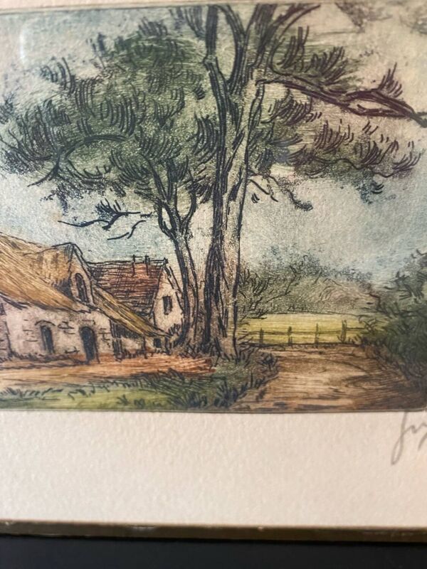 Gravure eau forte colorisee dans cadre d origine Maison Bretonne