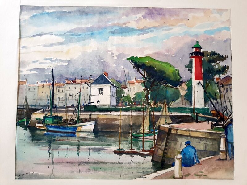 André Duculty (1912-1990) Watercolor on paper "Fishing port in the Mediterranean" Signed below