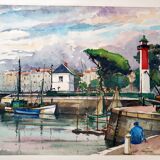 André Duculty (1912-1990) Watercolor on paper "Fishing port in the Mediterranean" Signed below
