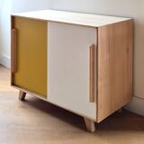Vintage low sideboard with sliding doors in solid pine - 1960s design