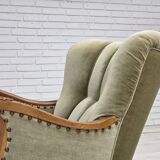 1960s, Danish armchair, green furniture velour, carved oak wood.