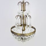 Chandelier, crown ceiling light in brass, 3 levels, 1 light, water drop pendants. 70s