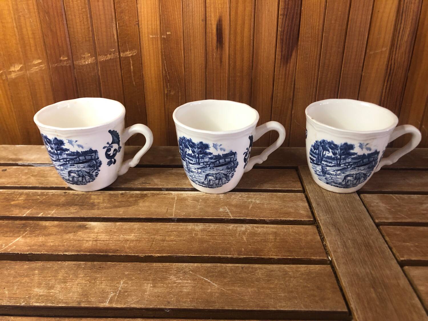 Series of 6 sarreguemines cups white ceramic blue decor france vintage #a385