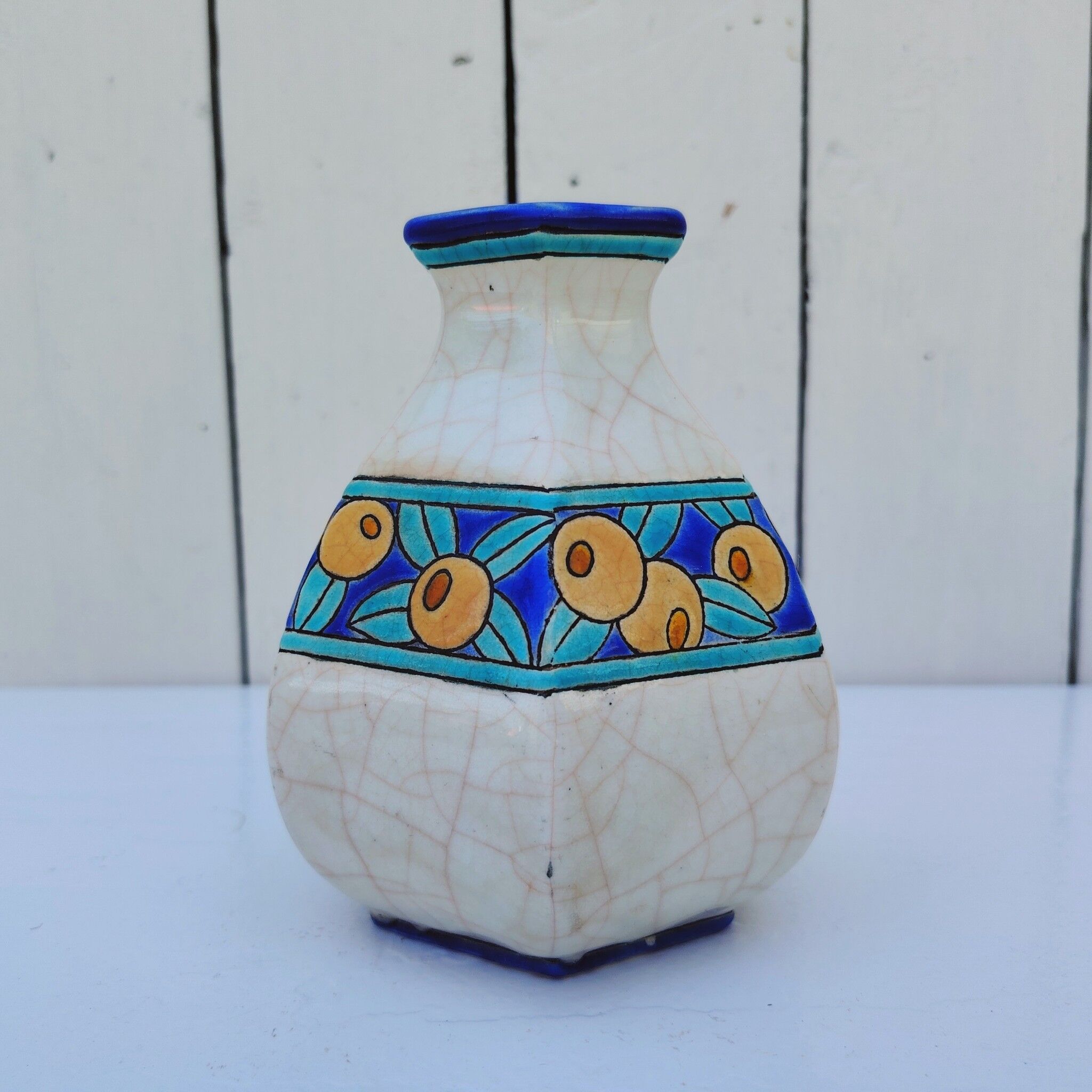 Vase art déco, émaux de Longwy, décor floral, vintage