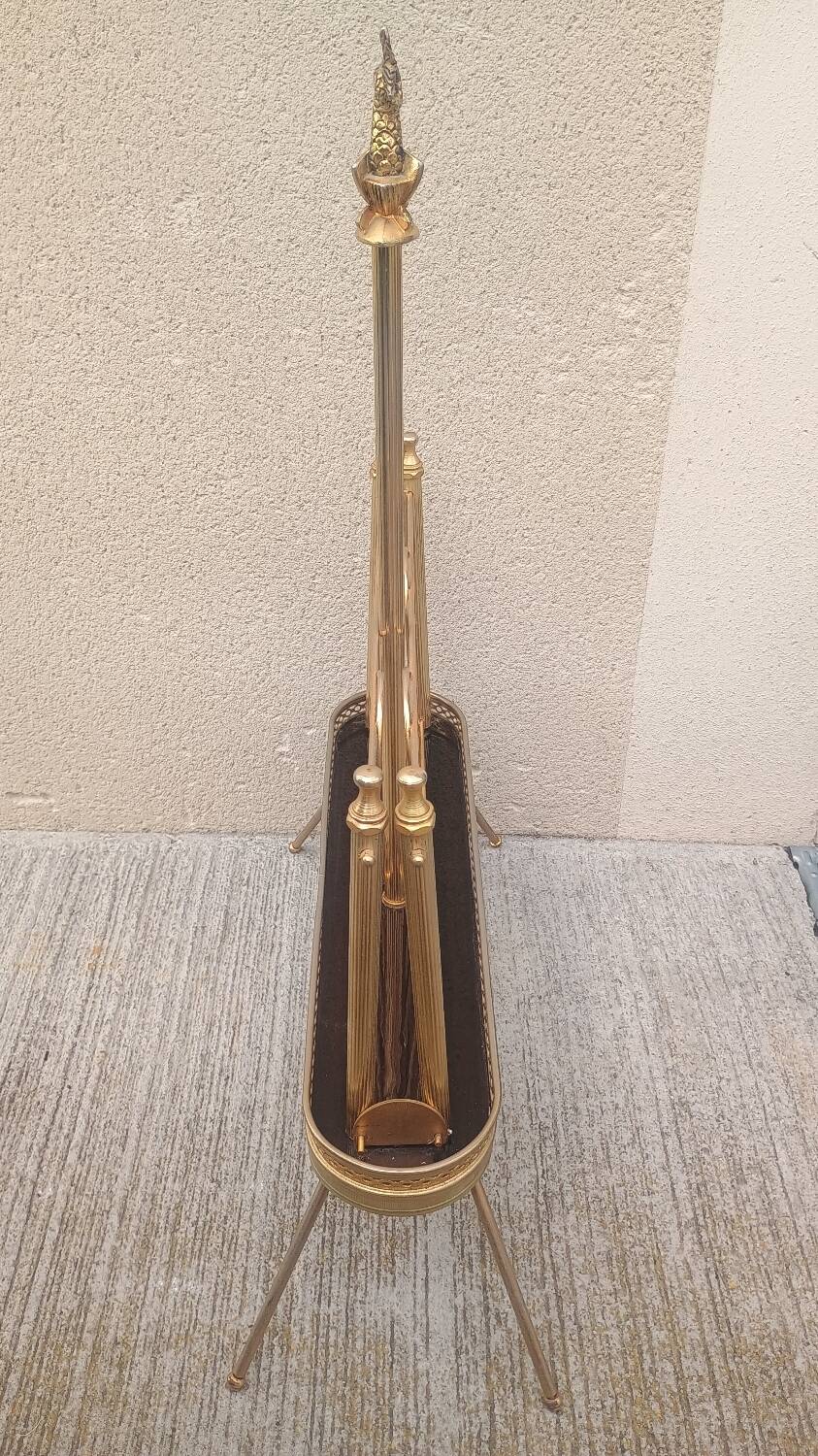 1960s brass folding magazine rack with lacquered wood decoration.