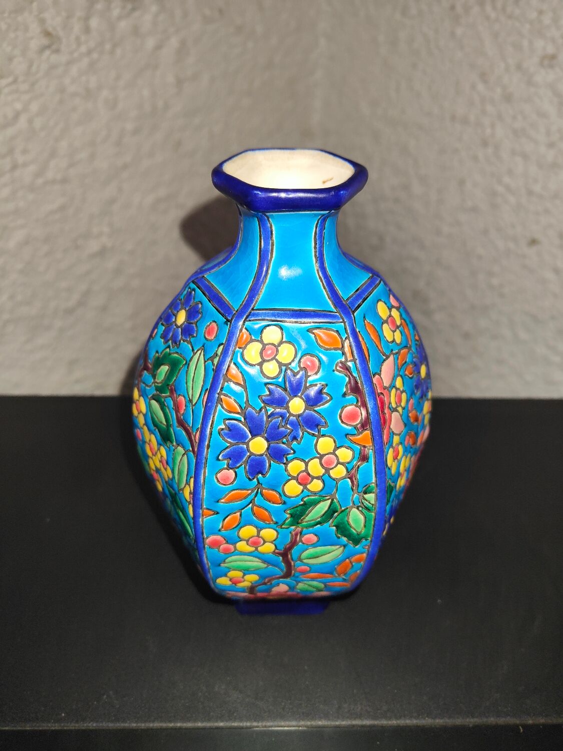 Octagonal ball vase in Longwy earthenware with floral decoration of cloisonné enamels