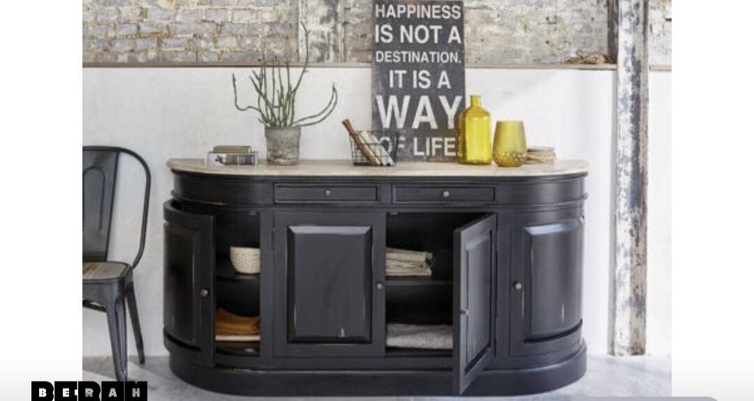 Black sideboard with curved sides and wooden top