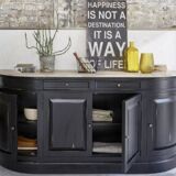 Black sideboard with curved sides and wooden top