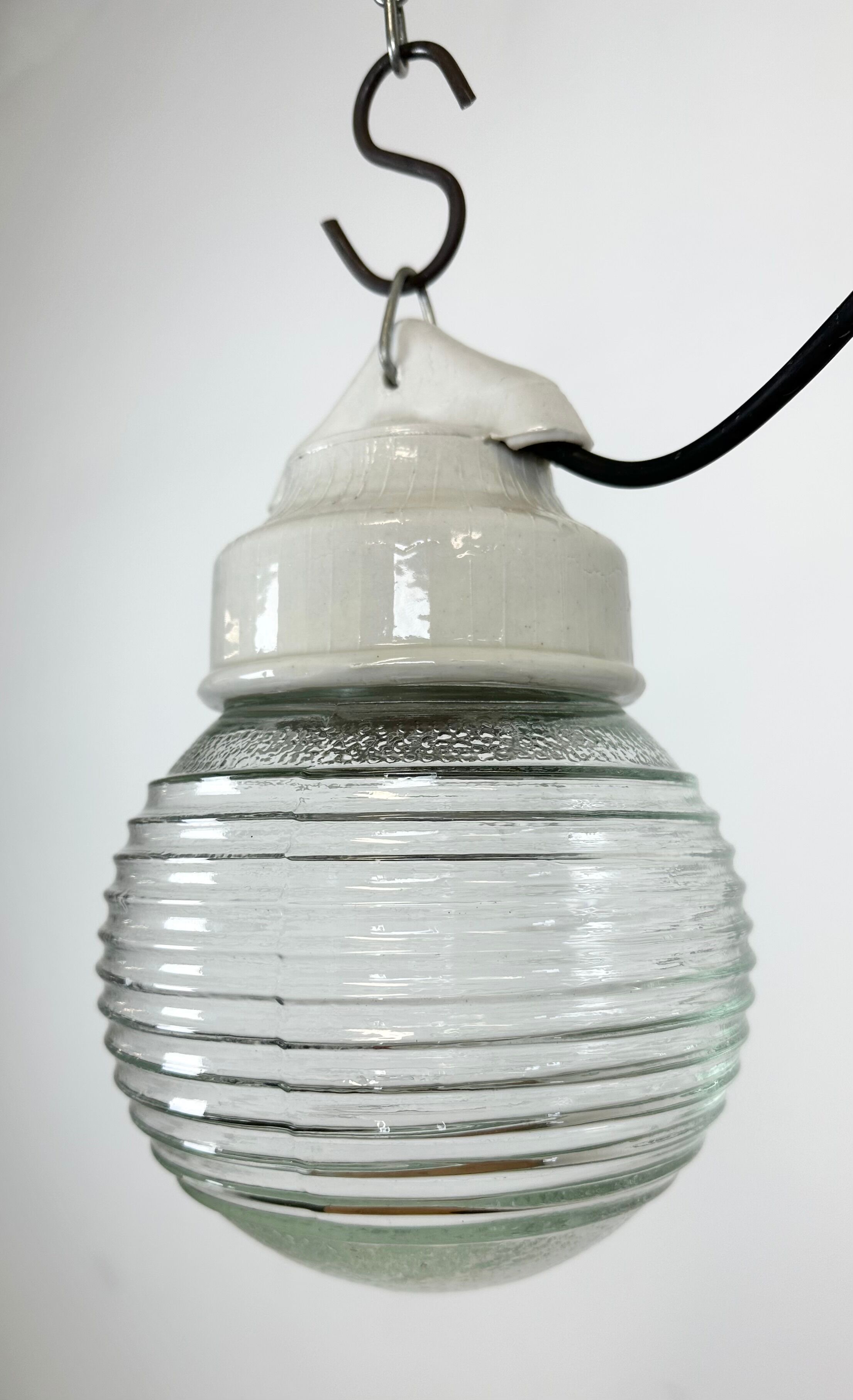 Vintage White Porcelain Pendant Light with Ribbed Glass, 1970s