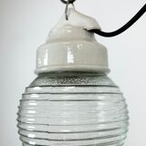 Vintage White Porcelain Pendant Light with Ribbed Glass, 1970s