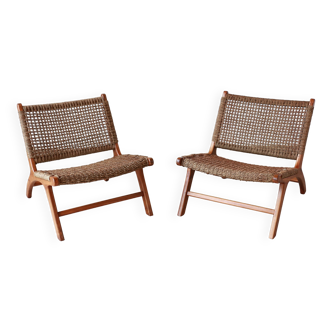 Pair of chauffeuses - teak & water hyacinth - model "los angeles" - olivier de schrijver